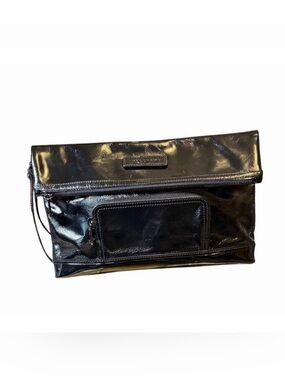 Longchamp Black Patent Leather Foldover Wristlet Clutch Bag